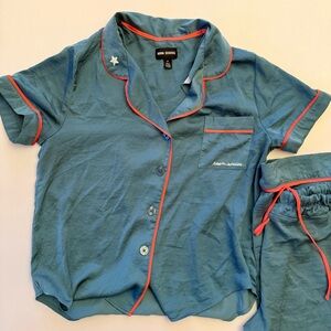 Women’s Room Service Blue Short Sleeve Pajama Set with Orange Trim - Size Small